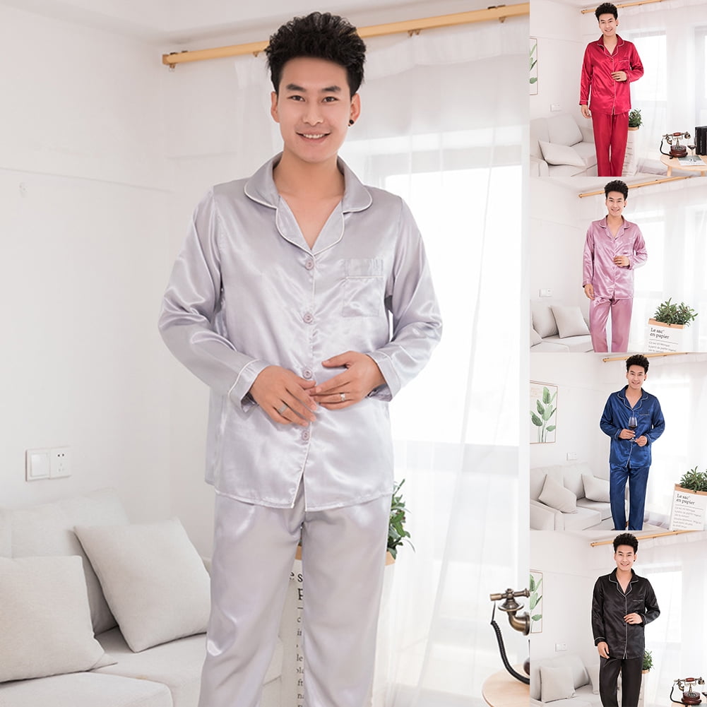 Shulemin Silk Satin Men Pajamas Set Sleepwear Couple Solid Color Long  Sleeve Suit-Navy Blue 