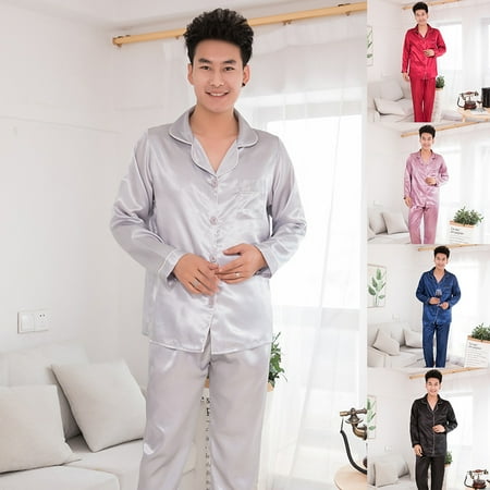 

Walbest Silk Satin Pajamas Set Fashion Sleepwear Couple Solid Color Long Sleeve Suit