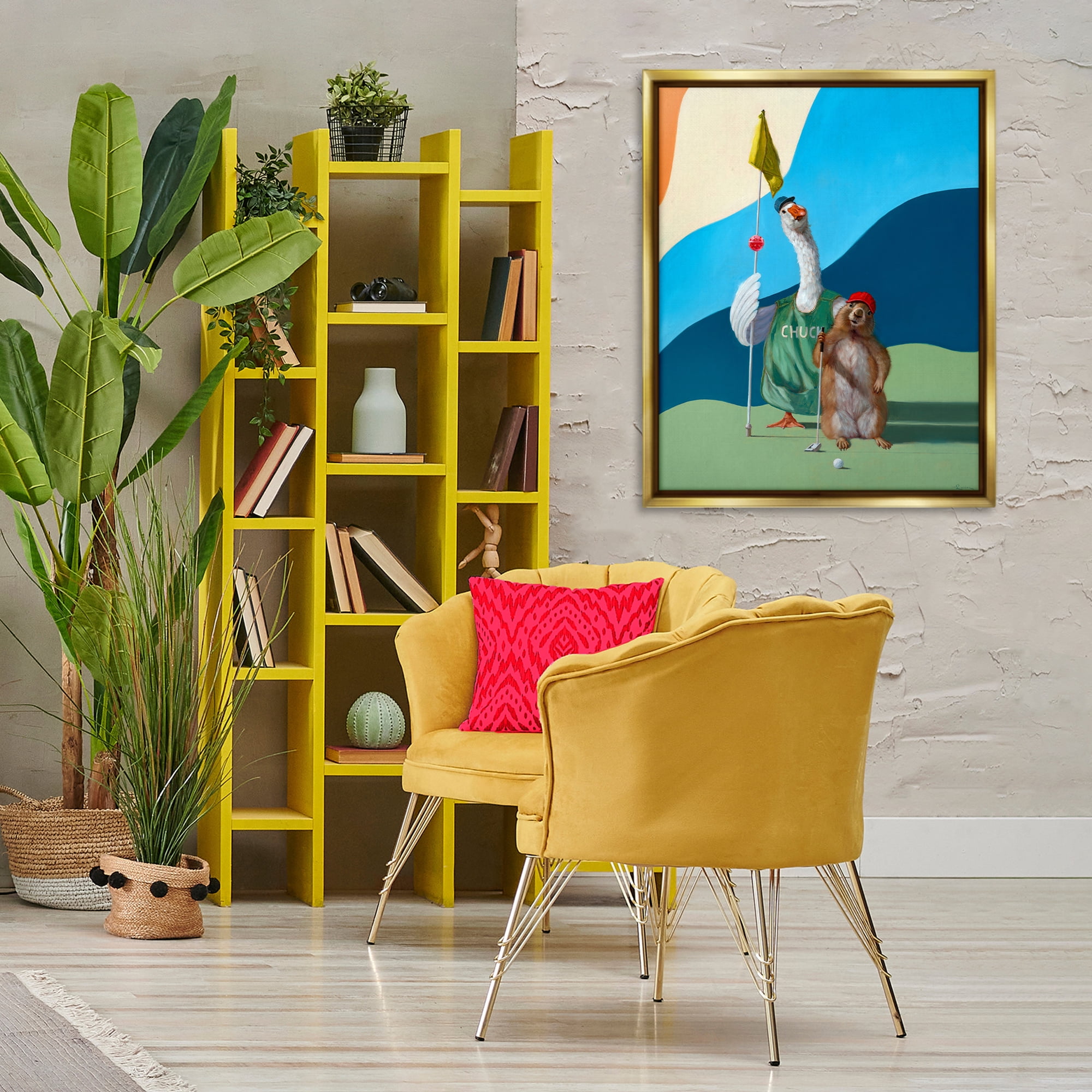 Stupell Industries Golfing Goose & Gopher Sports Painting Gold Floater Framed Canvas Art Print Wall Art, 25 x 31
