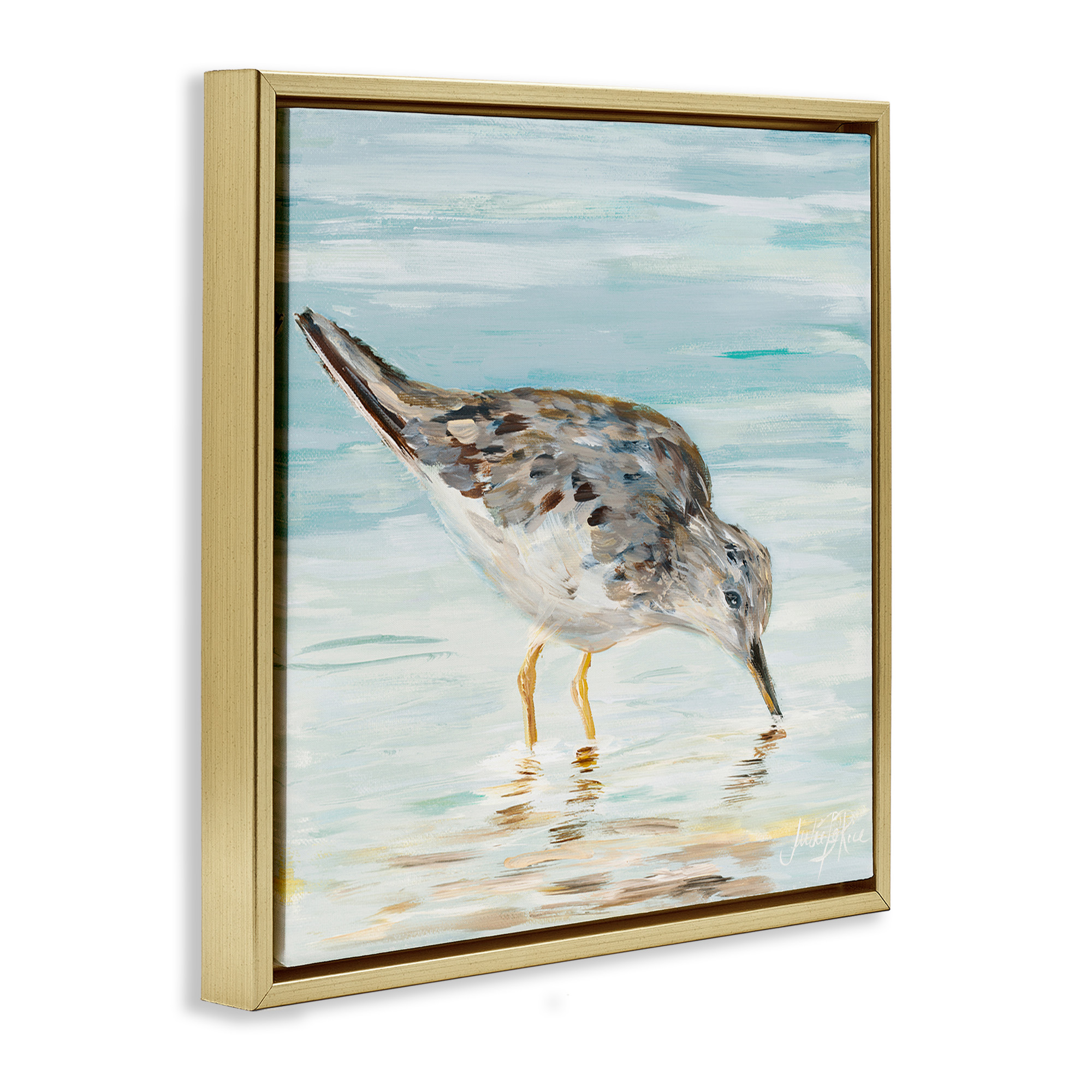Stupell Industries Sandpiper on Shallow Beach Coast Animals & Insects Painting Gold Floater Framed Canvas Art Print Wall Art, 18 x 18