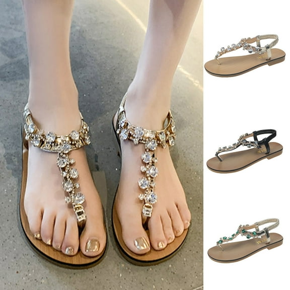 Jacenvly 2024 New Women's Summer Shoes Beach Flat Solid Color Clip Toe Rhinestone Sandals Shoes Black Sandals for Women