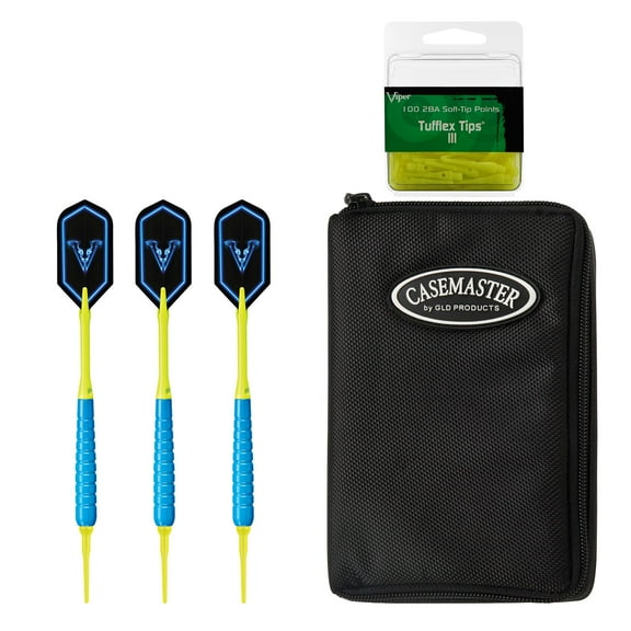 Viper V-Glo Blue 18 Gram Soft Tip Darts, Casemaster Select Black & Viper 2BA Tufflex III Tips - Neon Yellow 100 ct Box