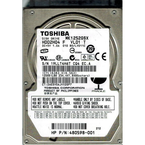 Toshiba MK1252GSX HDD2H04 F VL01 T PHILIPPINES 120GB