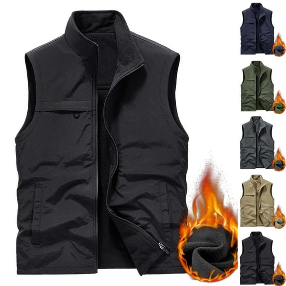 Miluxas Men's Outdoor Padded Puffer Vest Fleeve Lined Sleeveless Jacket with Pockets for Work Fishing Photo Khaki
