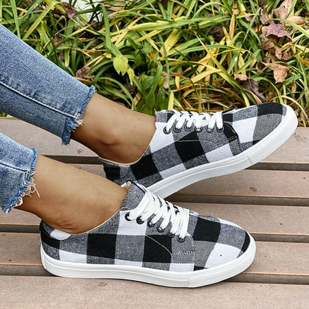 

TANGNADE Womens Fashion Casual Plaid Lace Up Flat Cloth Shoes Sneakers