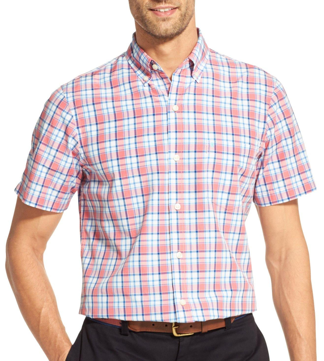 Izod Mens Plaid Woven Button Down Short Sleeve Shirt
