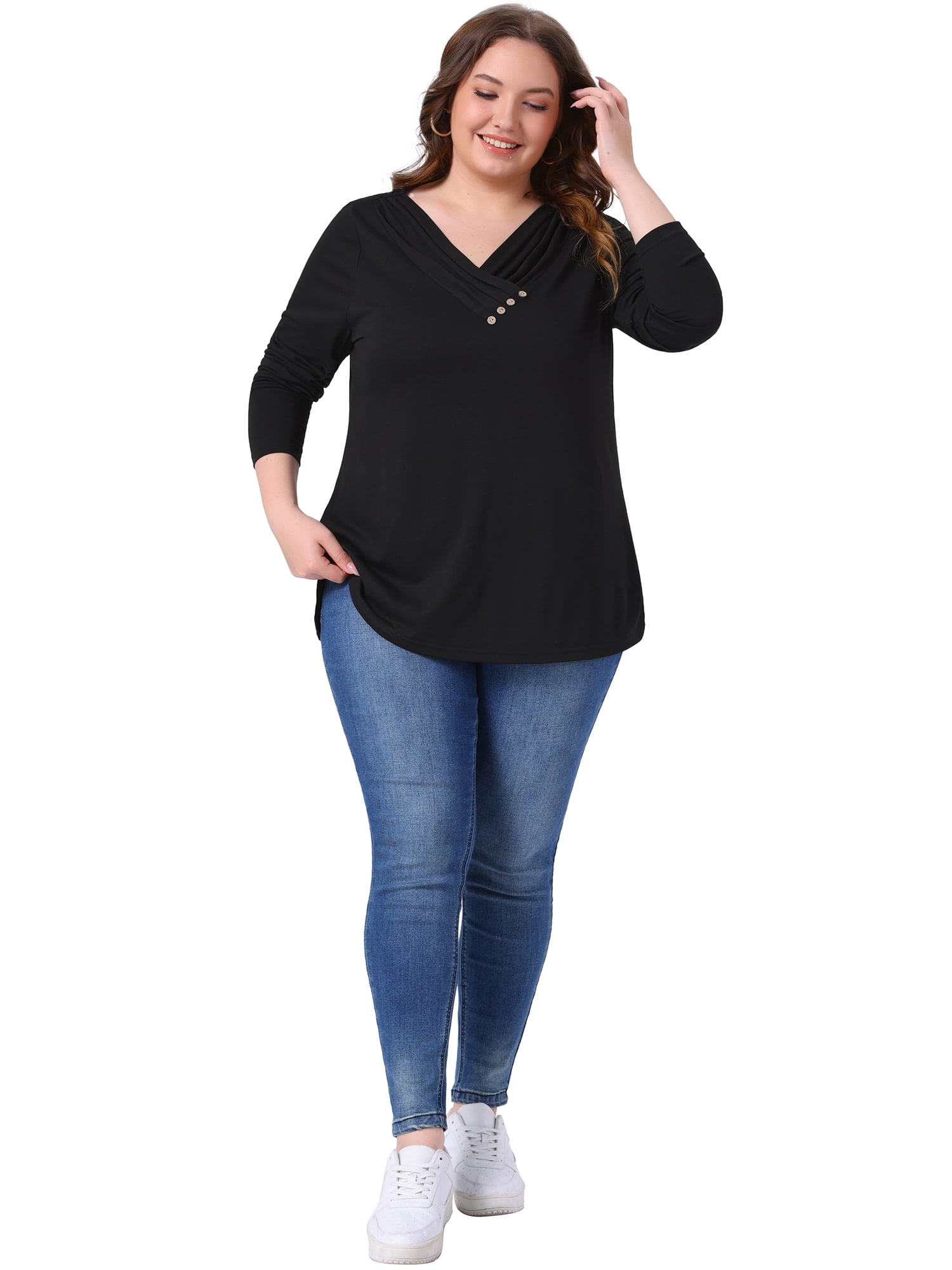 DARING DIVA Women's Plus V Neck Button Fall Pullover Shirt Loose Blouse 4X Black