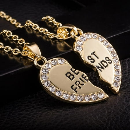 Faux Crystal Heart Pendant - 2pcs Crystal Half Love Heart Pendant Best Friends Necklace Friendship Gift - Gold
