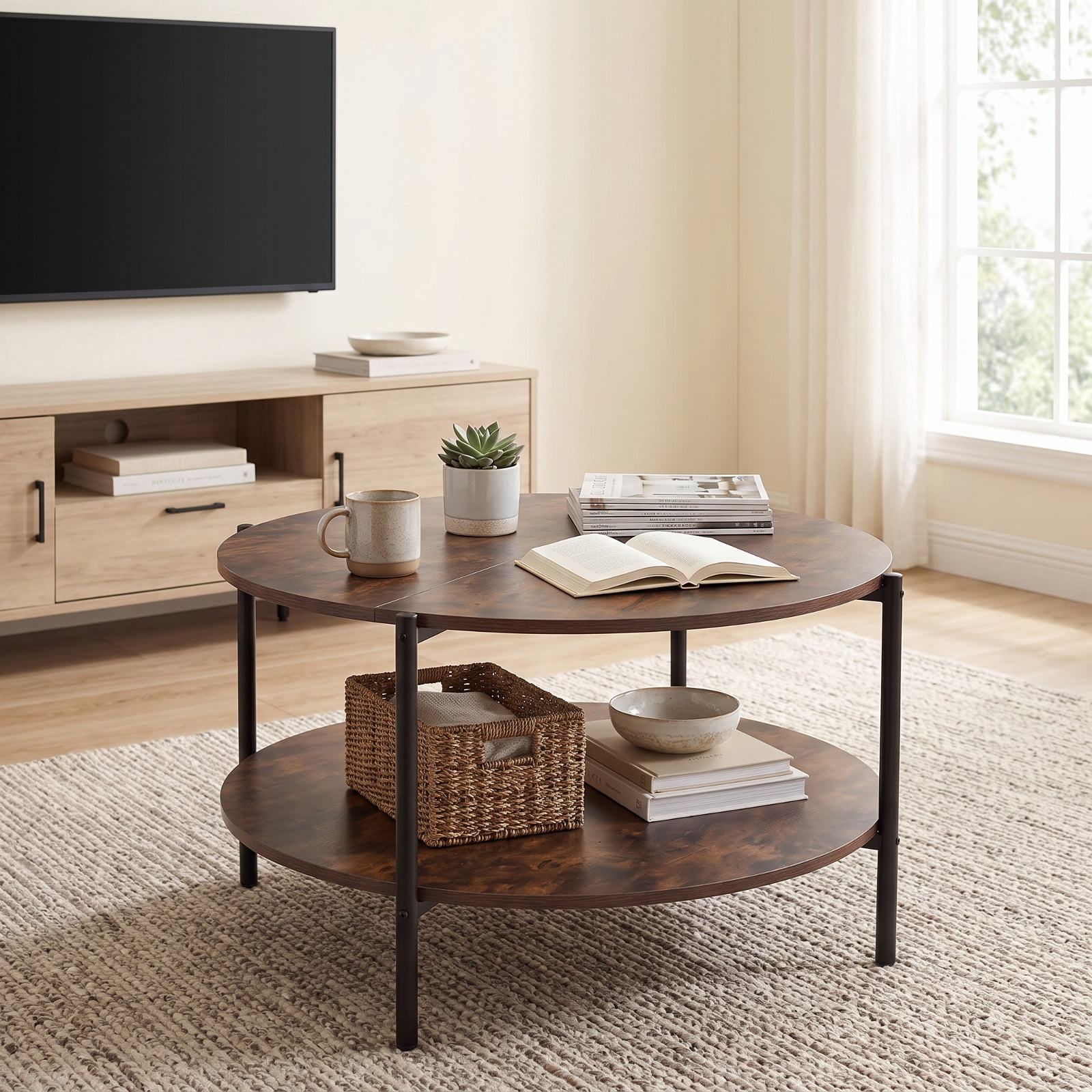 Furnibear Round Industrial Coffee Table 2 Tier Accent Table with Open Storage Shelf for Living Room Rustic Farmhouse, Rustic Brown