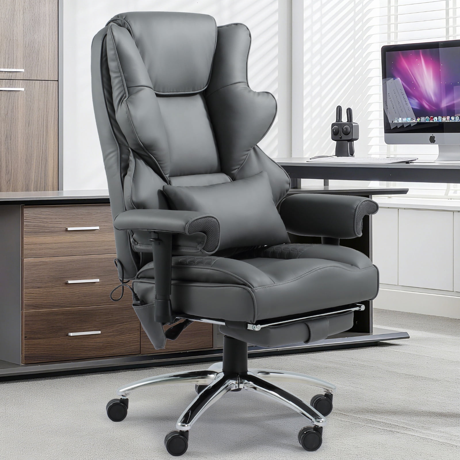 Massage & Heated Office Chair with Foot Rest, Ergonomic Executive Office Chair with Reclining Backrest, Adjustable Arms & Lumbar Support, High Back Leather Desk Chairs for Home Office, Gray