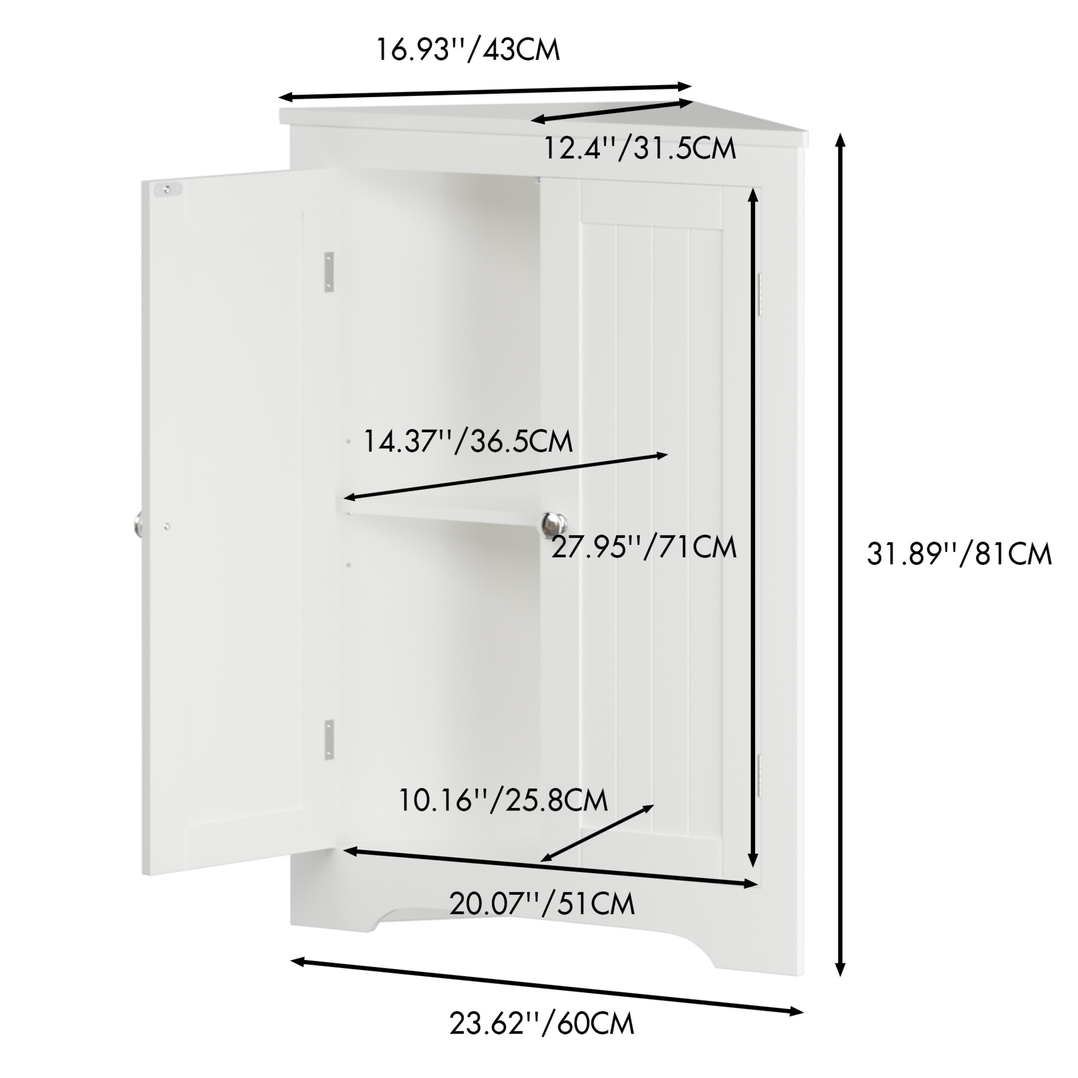 Noble House Dorris 23.6" Floor Corner Storage Cabinet with 2 Doors and Adjustable Shelf, Wooden Narrow Organizer, White