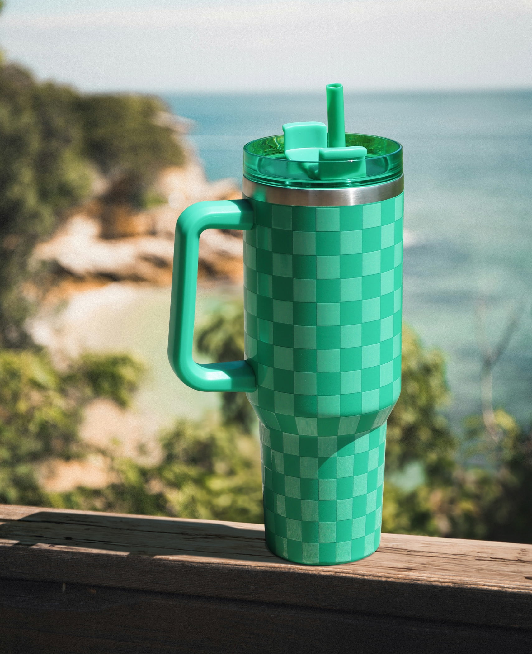 Mainstays 40 oz Stainless Steel Tumbler with Straw and Handle, Double Wall Insulated, Green Check