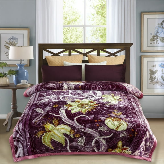 NC Fleece Bed Blanket Queen Purple Floral,2 Ply Thick Warm Plush Blanket,79" x 89",5.3lb