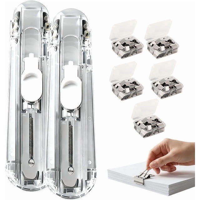 Portable Binder Clip Stapler with 150/250/300 Reusable Metal Clips, Handheld Push Clip Dispenser for Paper Clamps, No-Hole Mini Push Stapler for Desktop Document Binding (2 PCS)