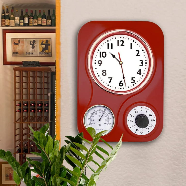 Lily's Home Retro Kitchen Wall Clock, with a Thermometer and 60-Minute  Timer, Ideal for Any Kitchen, Yellow (9.5 in x 13.3 in)
