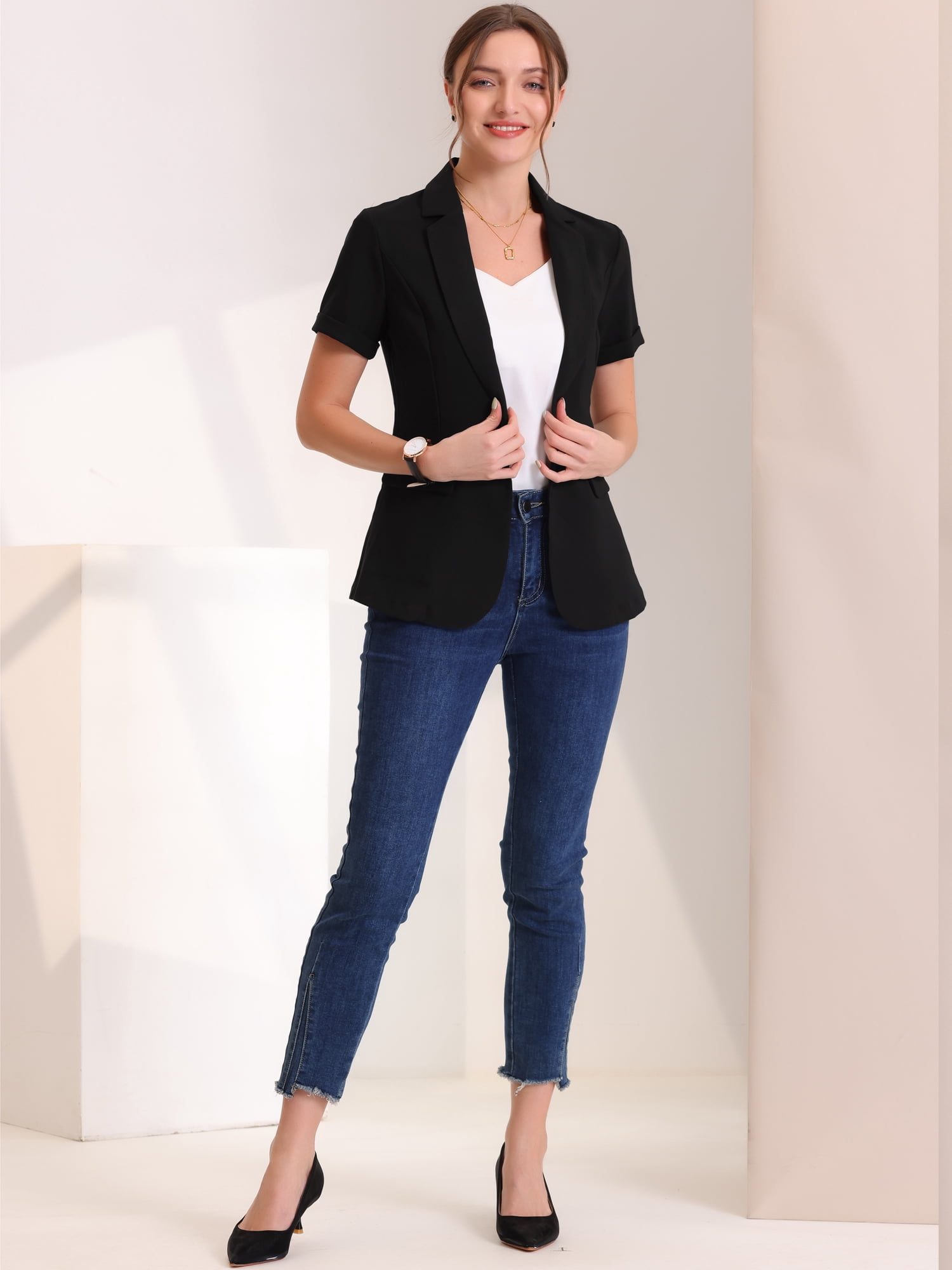 DARING DIVA Women's Short Sleeve Blazer Button Office Suit Jacket L Black