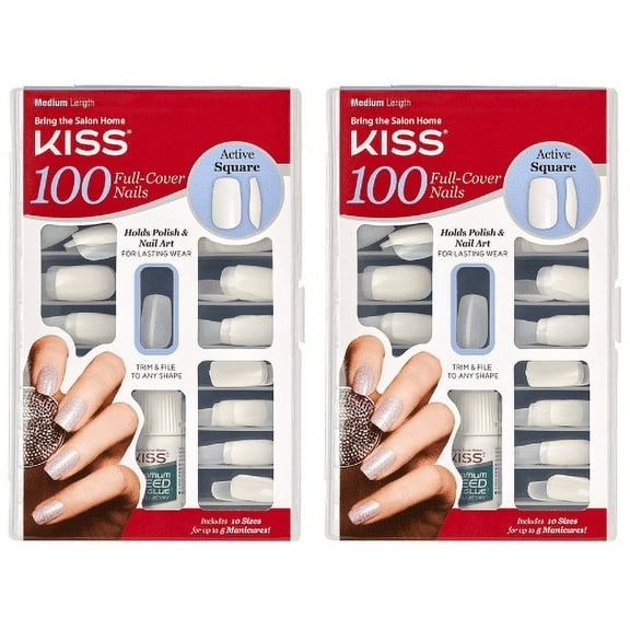 KISS Salon Acrylic Natural Nails - 100 Piece Kit Active Square - 100PS12 2-Pack