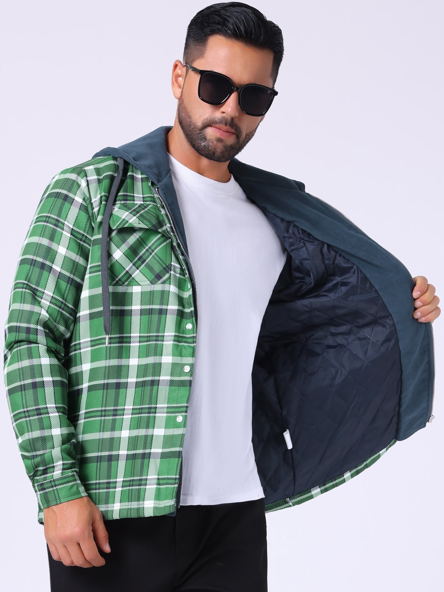 DARING DIVA Shirt Jacket Drawstring Hooded Plaid Shacket M Dark Green