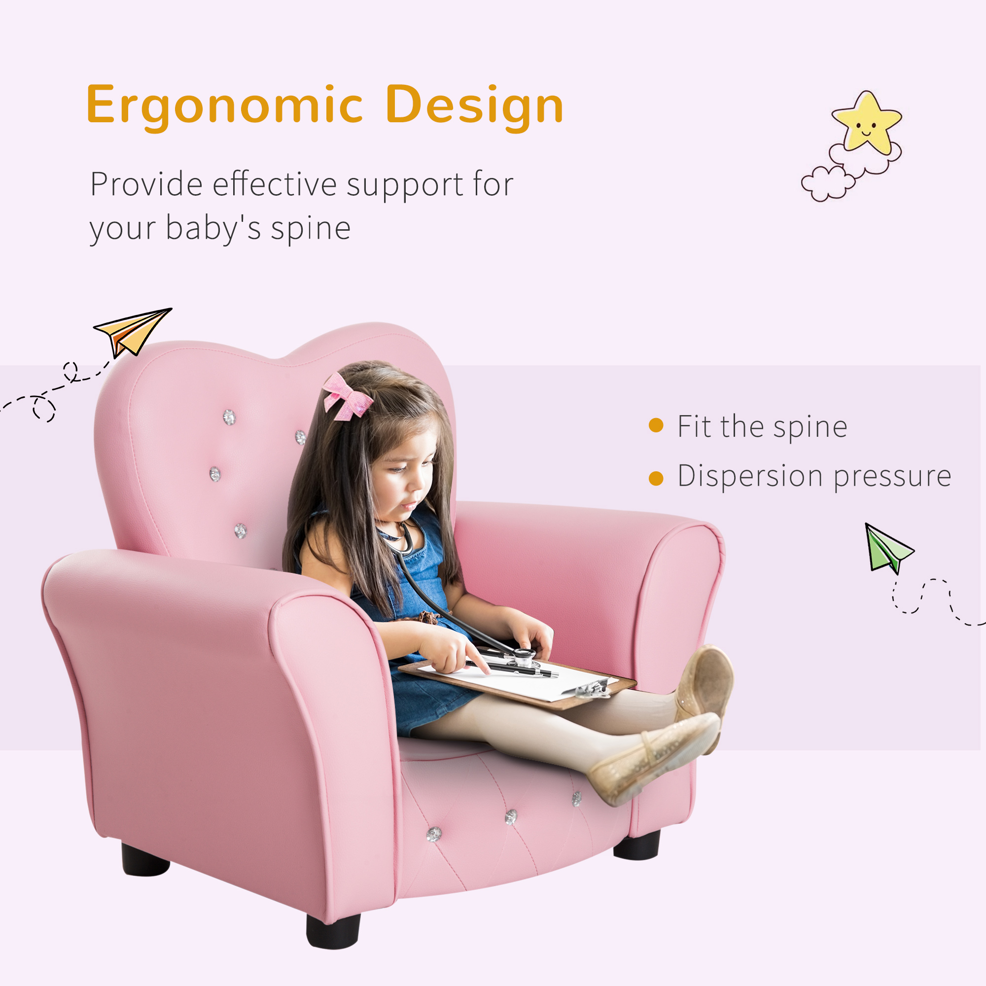 Qaba Kids Sofa Toddler Tufted Upholstered Sofa Chair Princess Couch Furniture with Diamond Decoration for Preschool Child, Pink - image 3 of 9