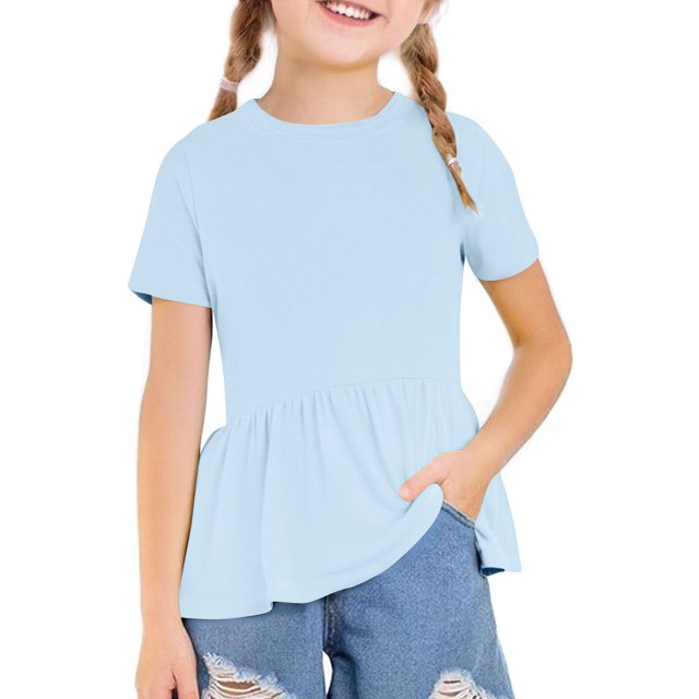 T-Shirt d'Été à Manches Courtes pour Filles, Ourlet Ras du Cou, Tunique Douce, Bleu Ciel 3-4 Ans