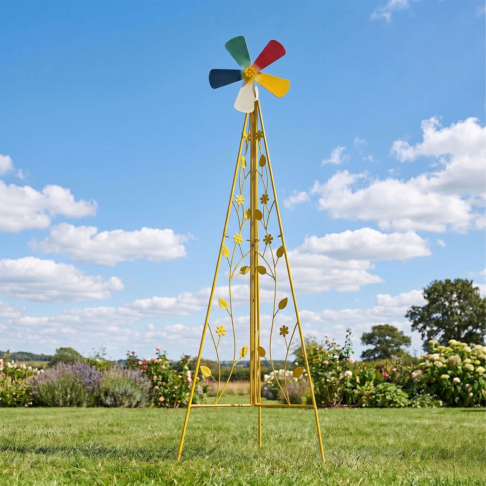 6.2FT Bright Yellow Decorative Iron Windmill with 5 Rotatable Blades, Tripod Base Weather Resistant Garden Wind Spinner for Yard Patio Lawn Outdoor Landscape