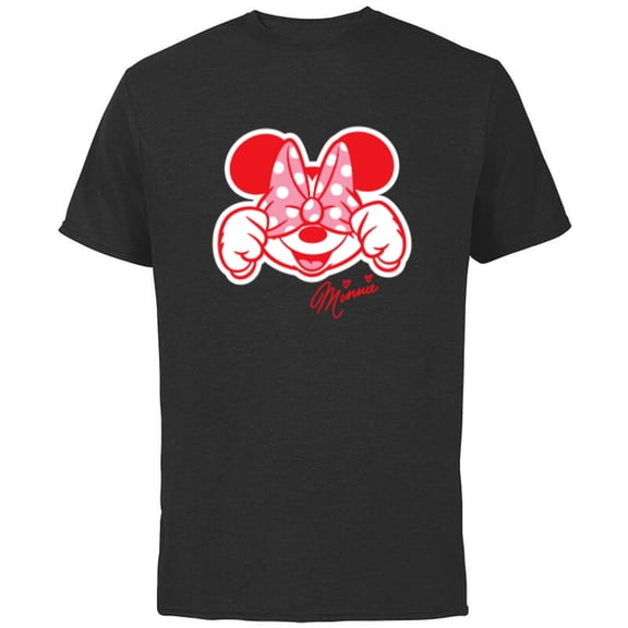 Disney Minnie Mouse Happy Cute Smiling Face Polka-Dot Bow - Short Sleeve Cotton T-Shirt for Adults - Customized-Black