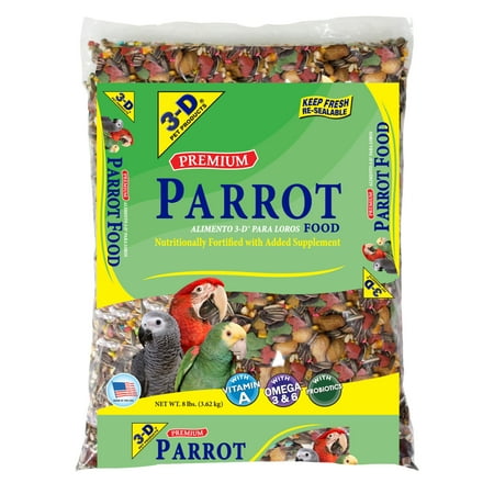 3-D Pet Products Premium Parrot Bird Food Seeds, with Probiotics, 8 lb. Bag, Dry