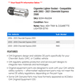 thumbnail image 2 of Cigarette Lighter Socket - Compatible with 2003 - 2021 Chevy Express 2500 2004 2005 2006 2007 2008 2009 2010 2011 2012 2013 2014 2015 2016 2017 2018 2019 2020, 2 of 2
