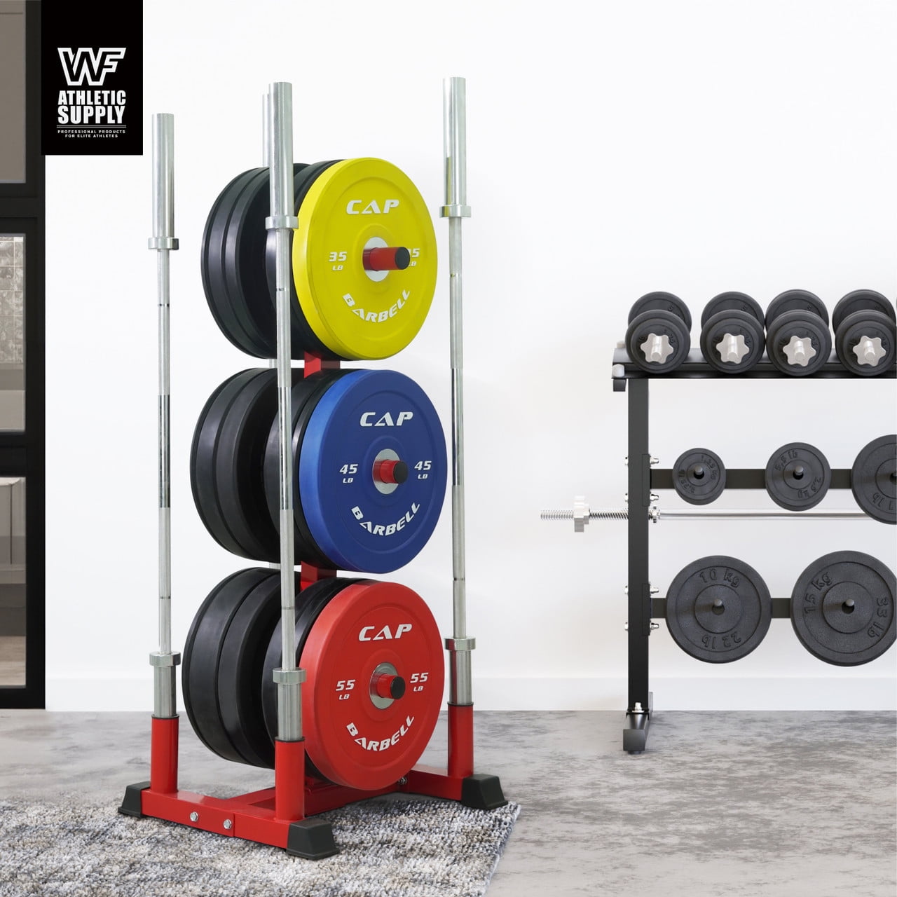 WF Athletic Supply Olympic Bumper Plate Storage Rack, Home Gym 2 Inch Weight Plate Holder, Heavy-Duty Weight Plate Tree with 4 Barbell Holders, 800LB Weight Capacity, Red