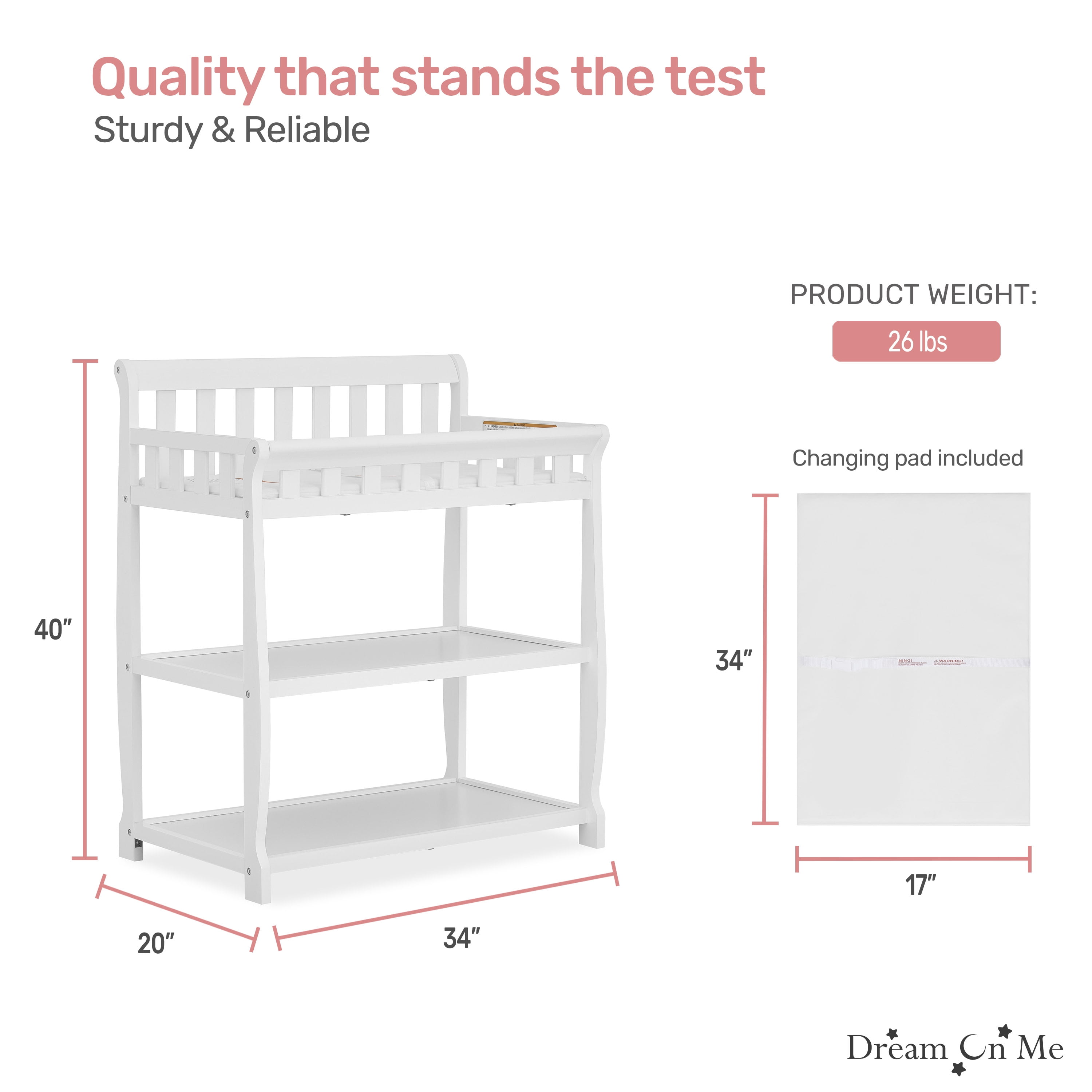 Dream On Me Ashton Changing Table, New Zealand Pinewood, 1 inch Mattress Pad included, White