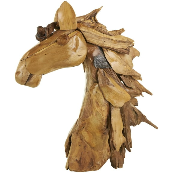 31" x 33" Brown Teak Wood Handmade Horse Sculpture, by DecMode