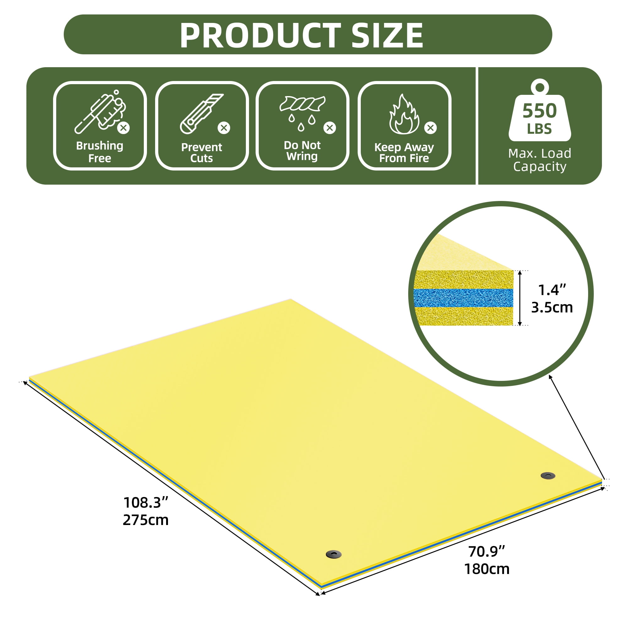 Uforic Yellow Floating Water Mat, 275×180×3.5cm, XPE Foam, 2 Fixed Buckles, Easy Installation, Durable & Buoyant