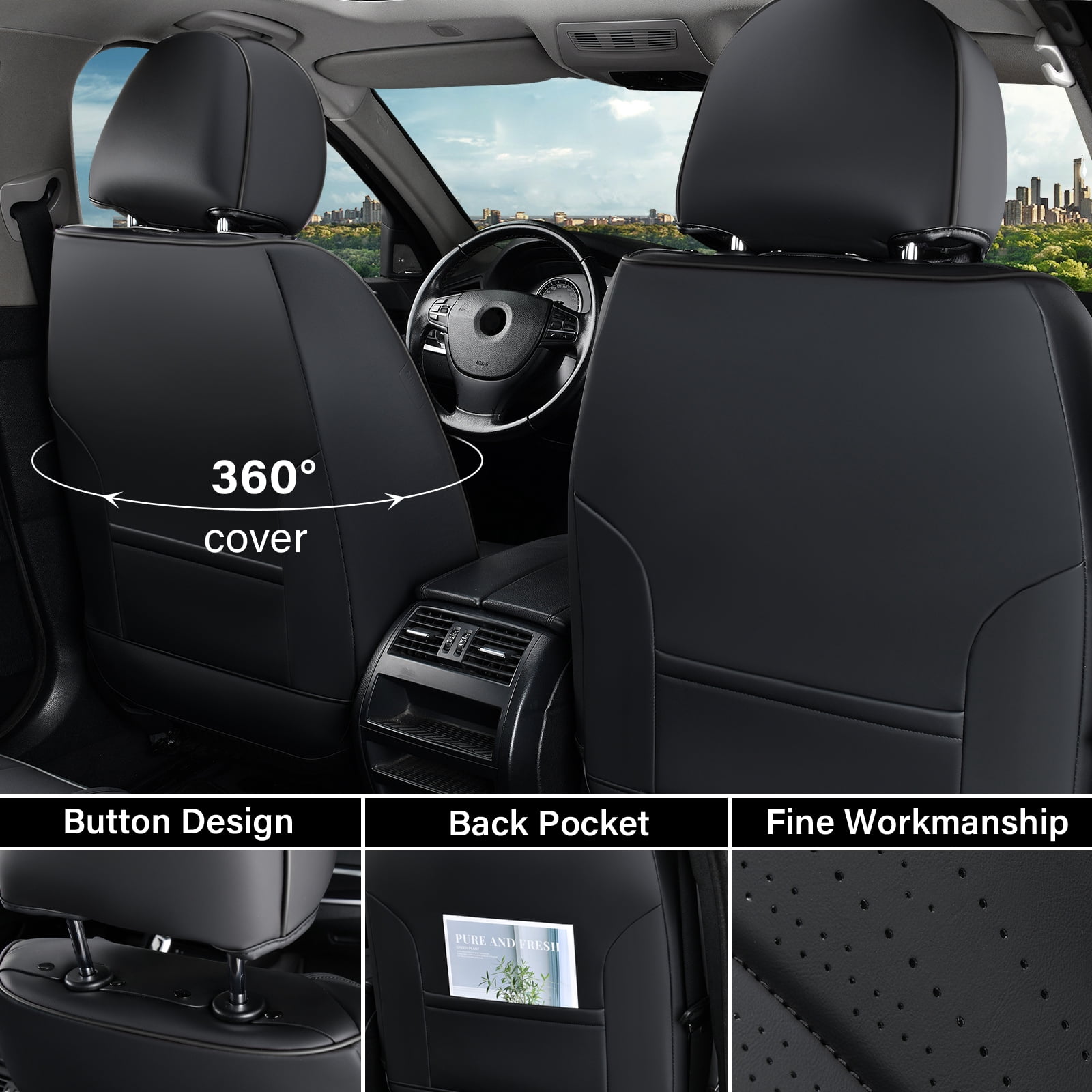 Coverado Front Car Seat Covers, Waterproof Faux Leather Seat Protector, Breathable Seat Cushions Universal Fit for Most Cars, Black