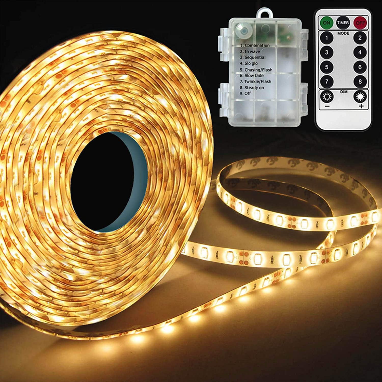 Battery Powered Led Strip Lights with Remote Cuttable 8 Modes Timer Self-Adhesive Waterproof Warm White 3000K Dimmable 3M 90Led Strip Lights for TV Kitchen Cupboard Bedroom Decor 