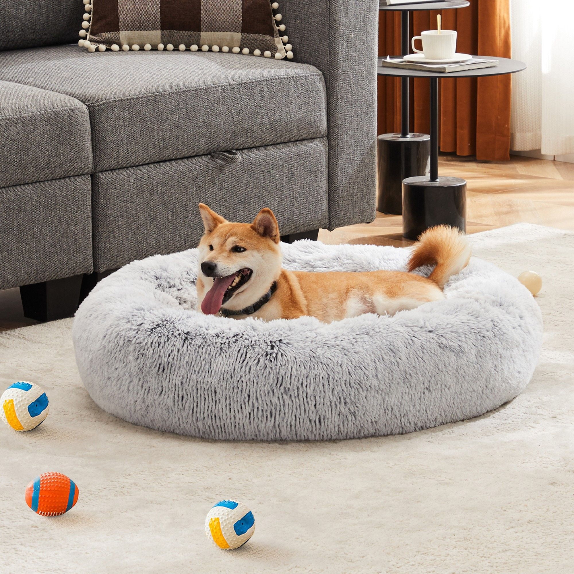 resenkos 24" Calming Dog Bed Sofa, Anti-Slip Round Fluffy Plush Pet Cat Bed, Anti-Anxiety Donut Cuddler Warming Cozy Soft Round Cushion Bed for Indoor, Gray