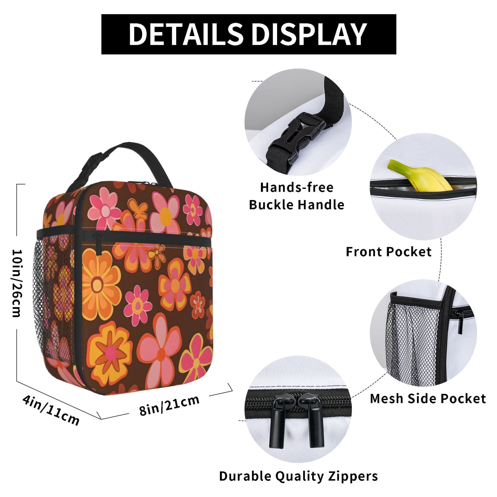 Lunch Bag For Women Men Insulated Portable Lunch Box Bento Box Office Picnic Travel Cooler Bag Retro Groovy Flowers Pattern (11)