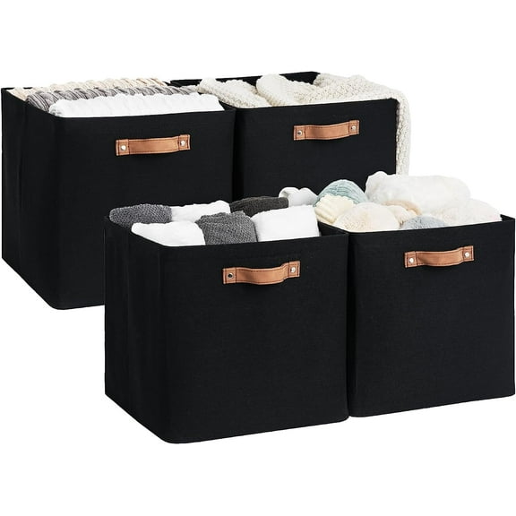 13x13 Inches Storage Cube, Fabric Storage Bins with PU Handles, Collapsible Organizer Baskets for Closet, Black, 4-Pack