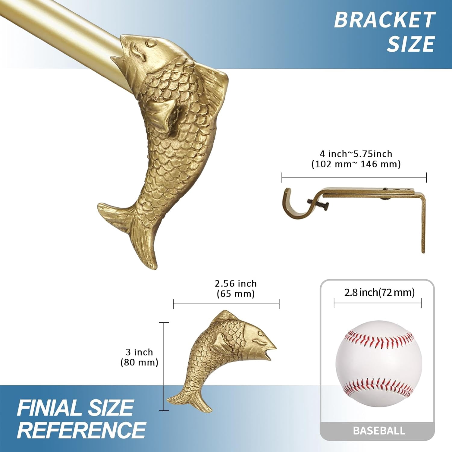 Urbanest Adjustable Single Curtain Rod Set Fish Finials – 3/4 - Inch Diameter, With Renaissance Gold Rod, 48–84 Inches