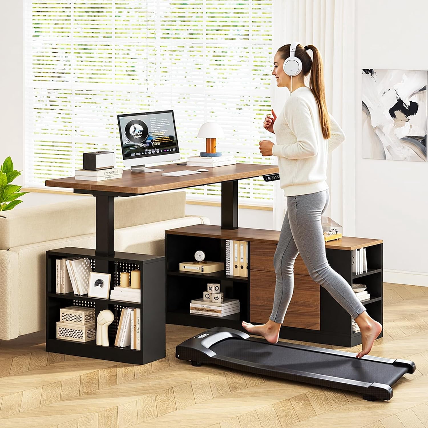L Shaped Standing Desk, 53" Electric Office Desk with Power Outlets and File Drawers, Corner Computer Desk with Pegboard, Adjustable Height, Walnutu