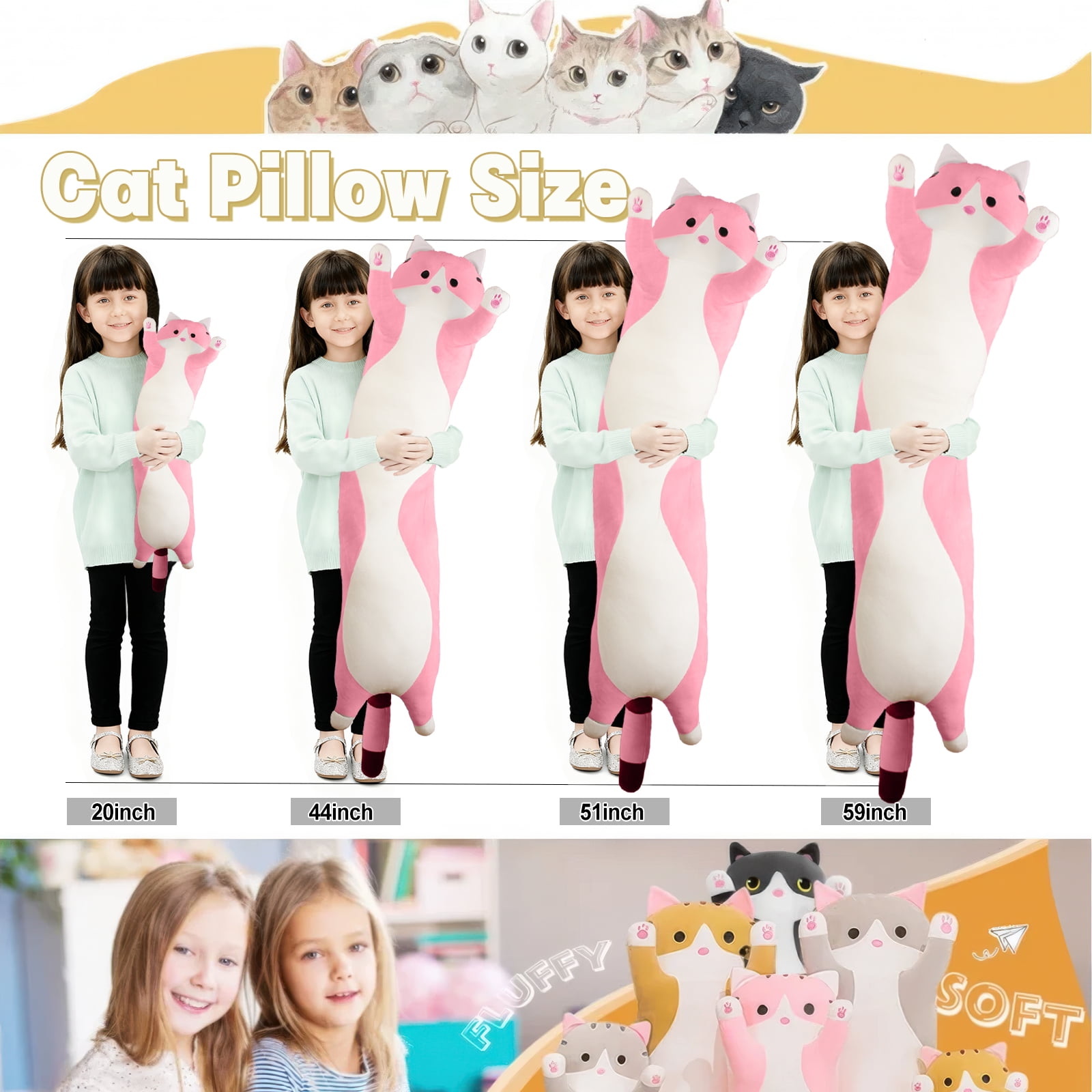 SANMADROLA Stuffed Animals Toys for Girls Boys 3-6 Years Giant Long Kawaii Cat Plush Body Pillow 59'' Kitten Plush Throw Pillow Doll Toy Gift for Girlfriend Pink