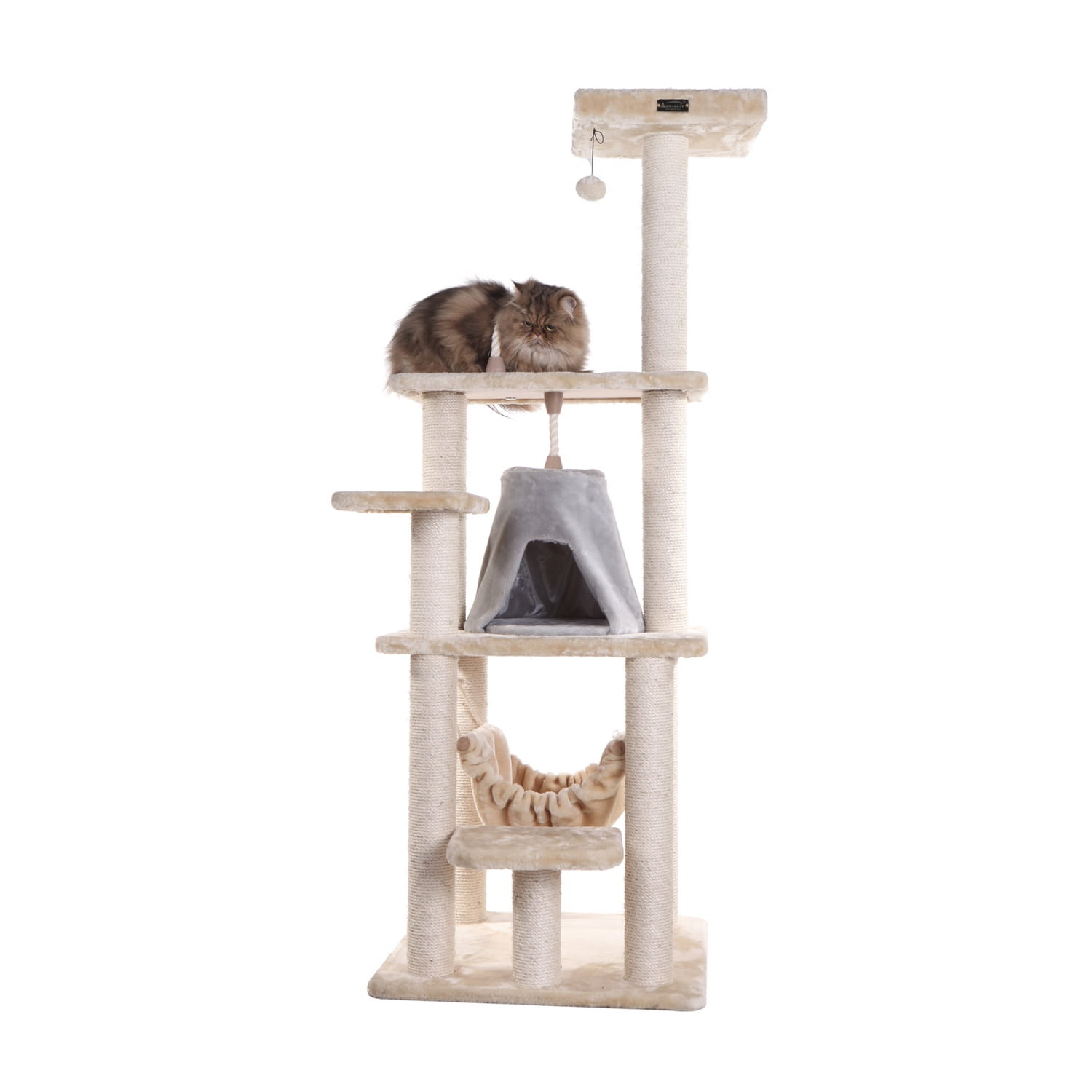 Cat Tree Tower with Hammock - Multi-Level Kitty Condo, Scratching Posts, Soft Faux Fur - 65" Tall