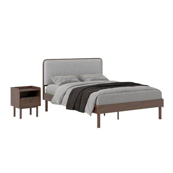 Roundhill Furniture Wyller 2-Piece Bedroom Set, Platform Bed with Nightstand, Natural Walnut, Queen
