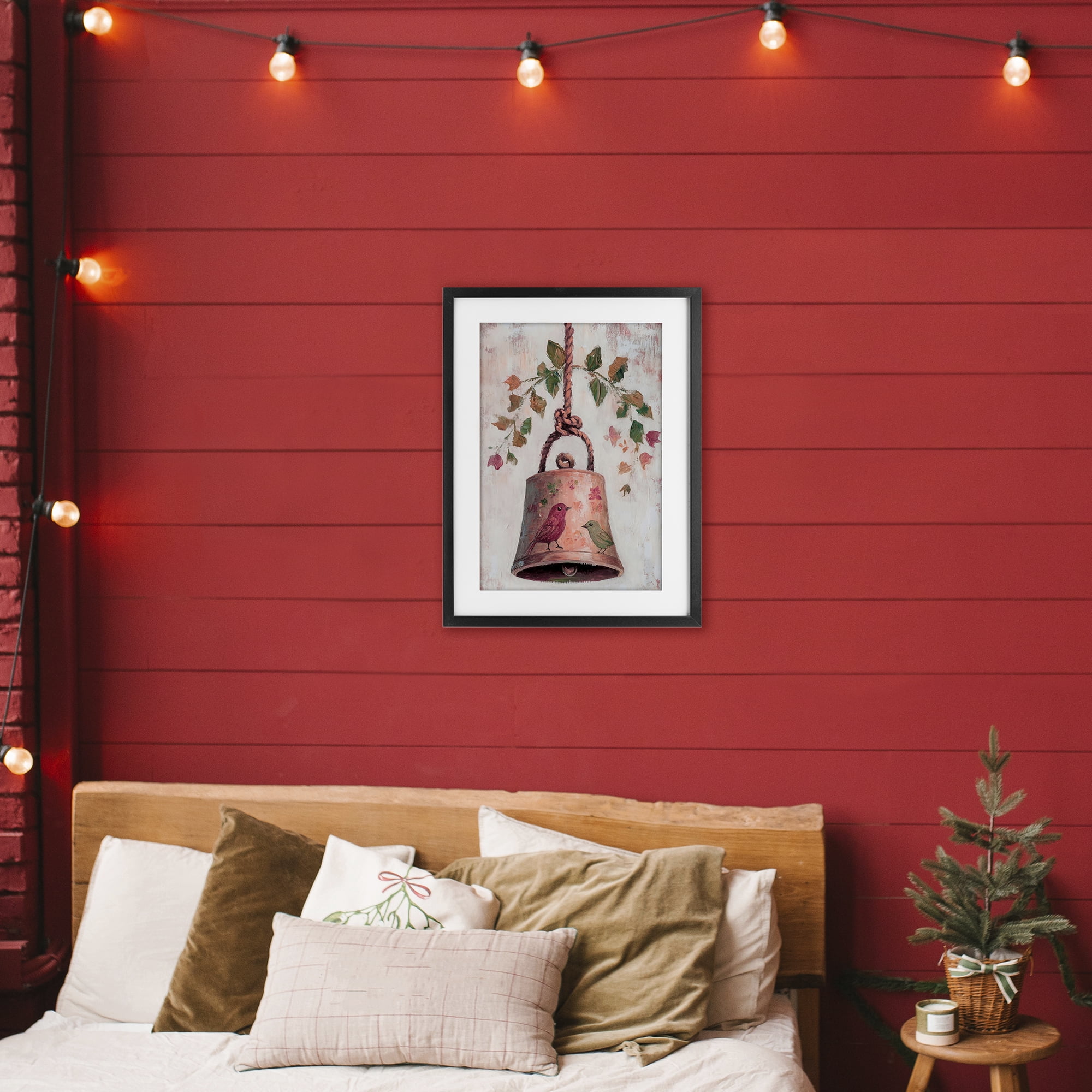 Vintage Christmas Bell Black Framed Print Under Glass, design by Petal Prints Design