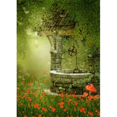 ABPHOTO Polyester 5x7ft Photography Backdrop Fairytale Magical Well on Colorful Meadow Backdrops for Photo Shoots Lovers Party Game Adult Kids Baby Personal Portrait Photo Background Studio Props