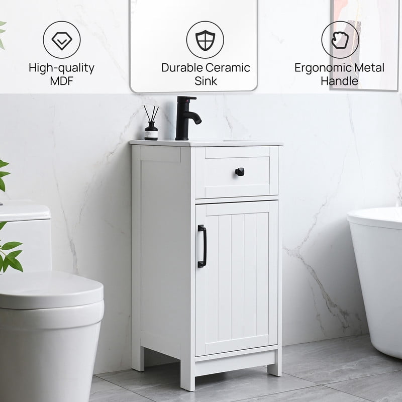 Wonline 16 inch Bathroom Vanity with White Ceramic Sink Combo for Small Space,Modern Bathroom Storage Vanity with Soft-Close Doors Adjustable Shelf(White)