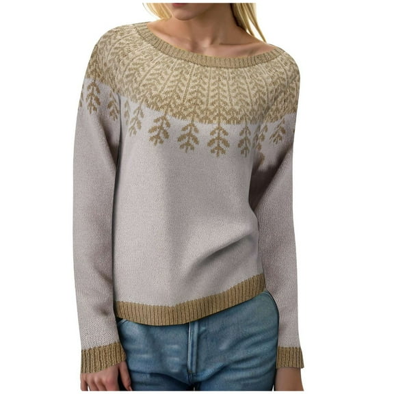 GEWSEY Womens Christmas Sweater Vintage Fair Isle Print Sweater Long Sleeve Oversized Fair Isle Crewneck Knit Sweaters (Coffee, L)