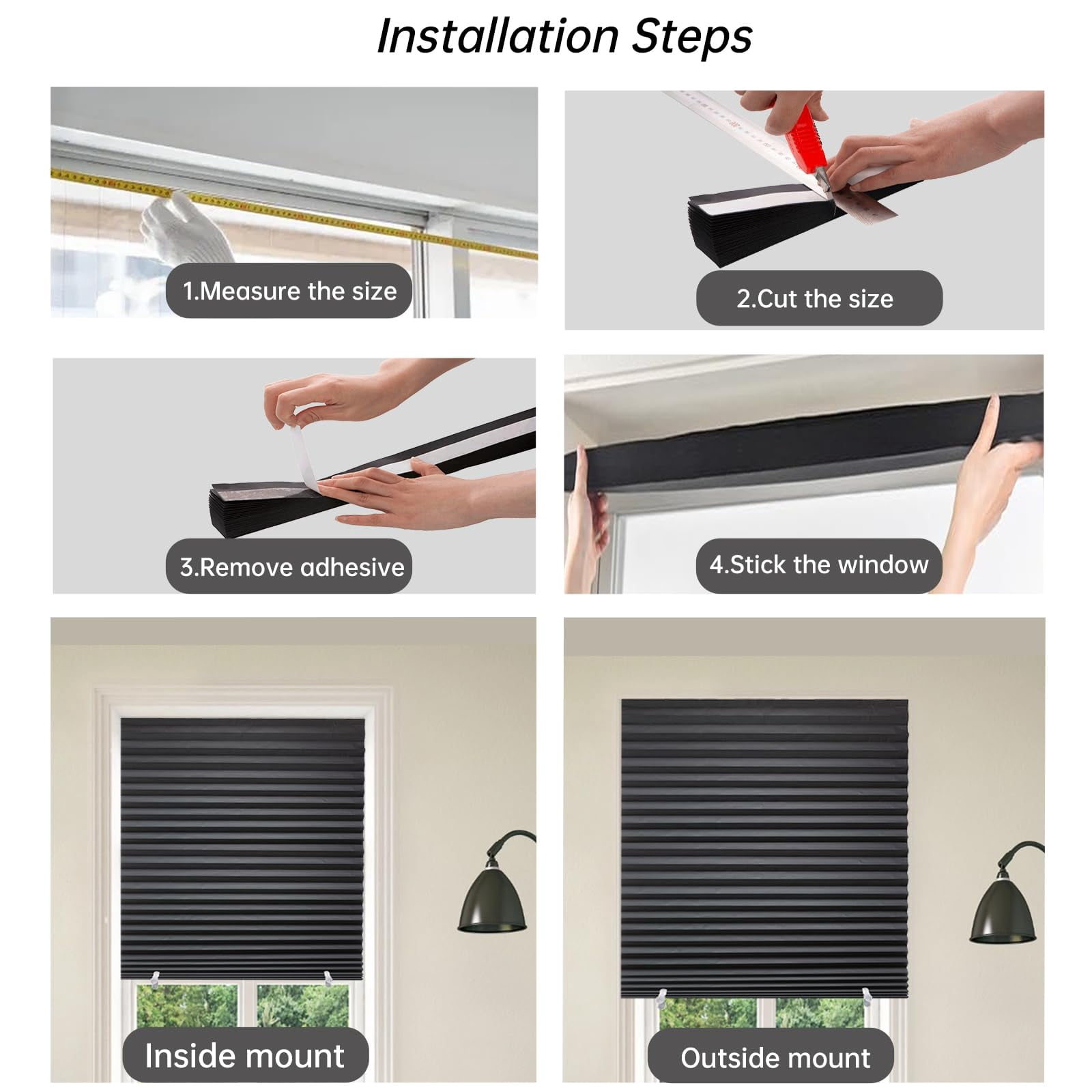 6-pack Temporary Blackout Paper Blinds For Window  Cut To Size Adhesive Shades Stick On Pleated No Drill Easy Install 24" W X 72" H Black