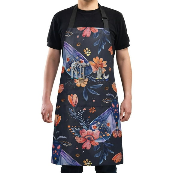 Floral Moths and Flower Kitchen Apron with 2 Pockets Adjustable waterproof Cooking Aprons for Women Men Chef