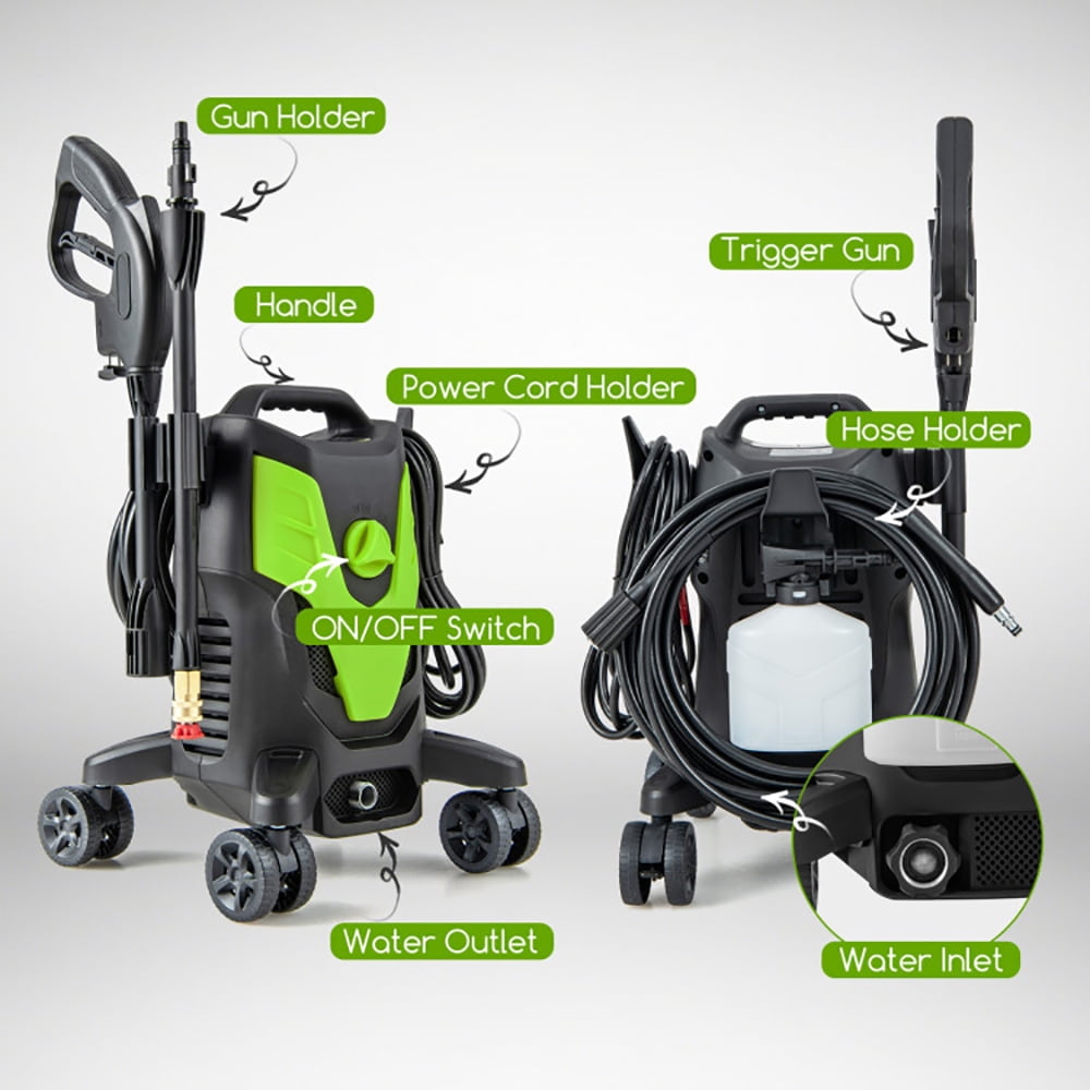 Topcobe 2400 PSI Electric Pressure Washer with 4 Universal Wheels, Steamer for Cleaning Floor, Upholstery, Grout and Car, Green