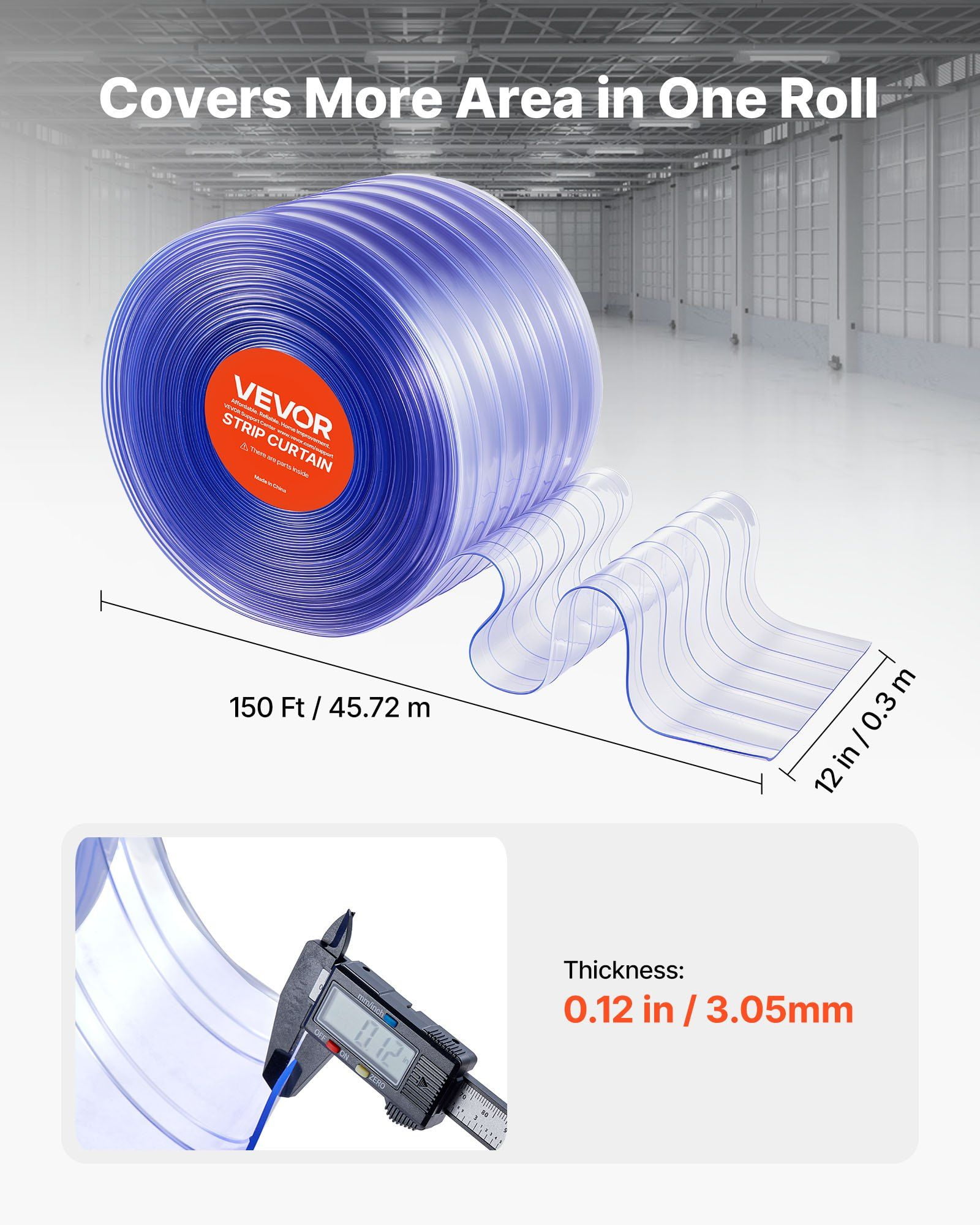 Clear PVC Strip Curtain Roll,12 inx150 ft,Ribbed Plastic Door Strips for Freezer,Doorways
